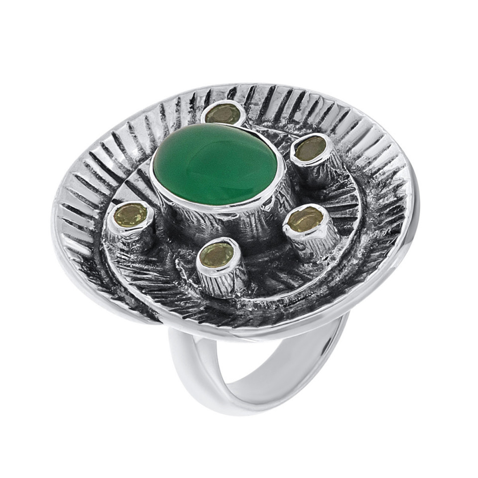 Inel din argint cu onix verde și peridot