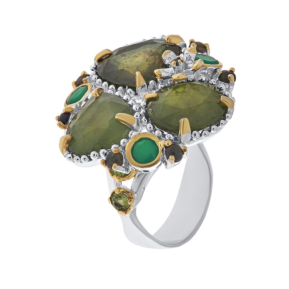 Inel din argint cu safir, onix verde, peridot și opal