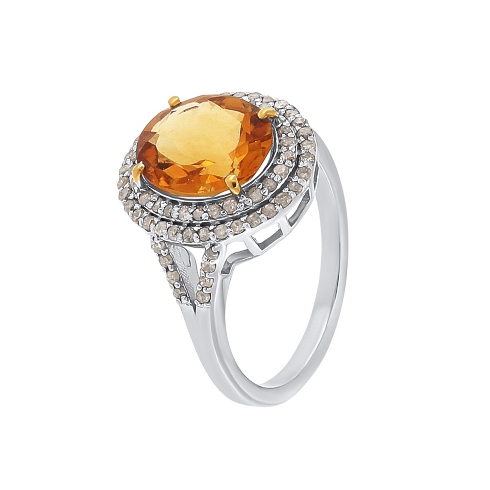 Inel din argint cu citrin natural și diamante naturale
