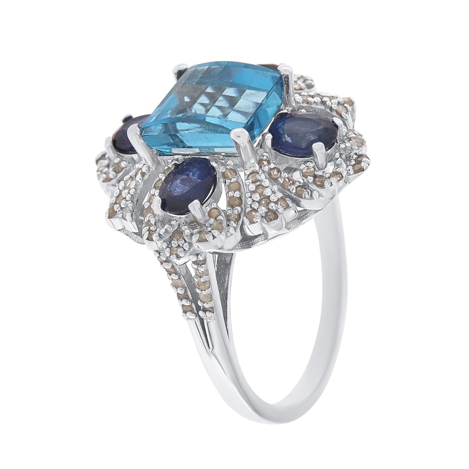 Inel din argint cu topaz natural, safir natural și diamante naturale