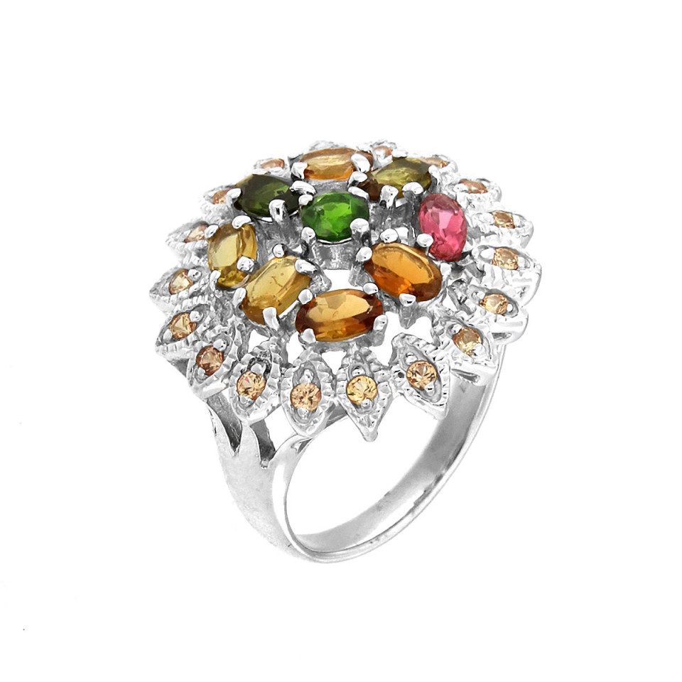 Inel din argint cu turmaline multicolore, diopsid chrome si safire galbene