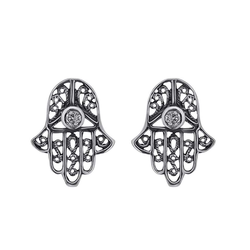 Cercei din argint Hamsa cu zirconia