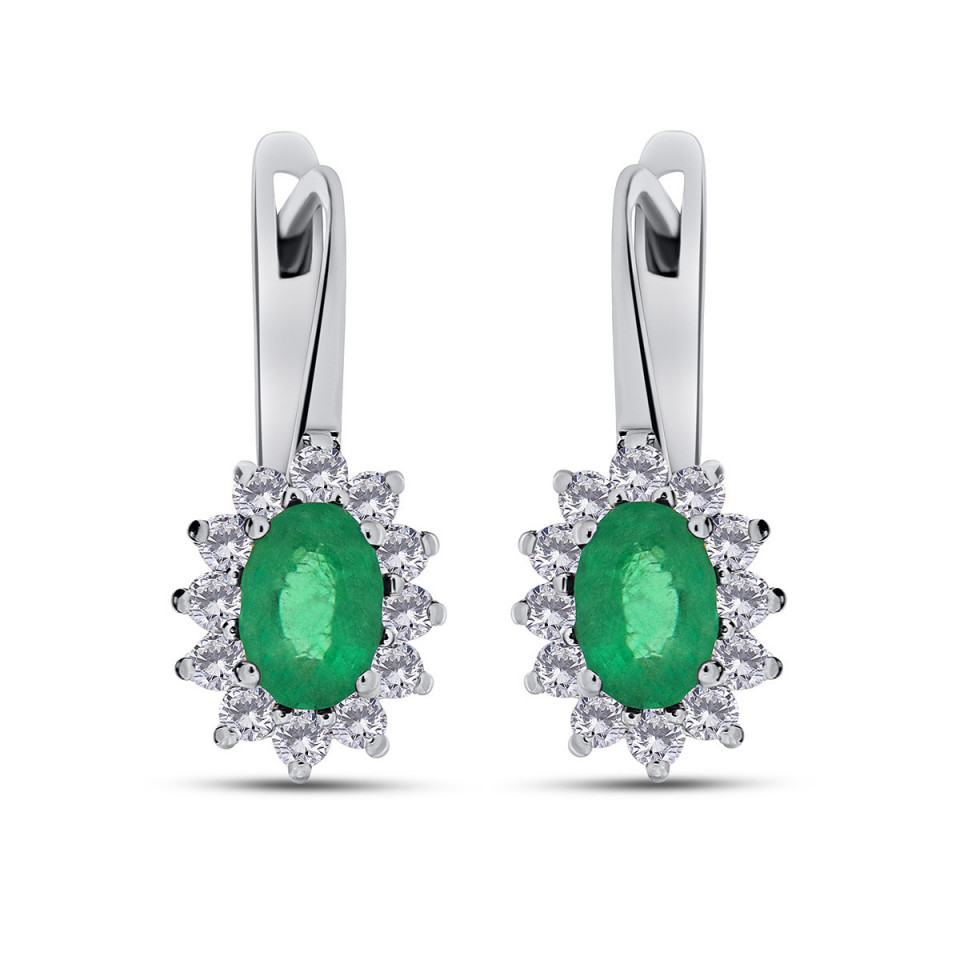 Cercei din aur alb de 18k cu smaralde naturale de 1.01 ct si diamante naturale de 0.44 ct