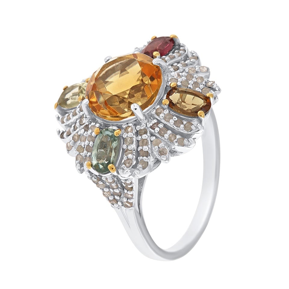 Inel din argint cu citrin natural, turmalină naturală și diamante naturale
