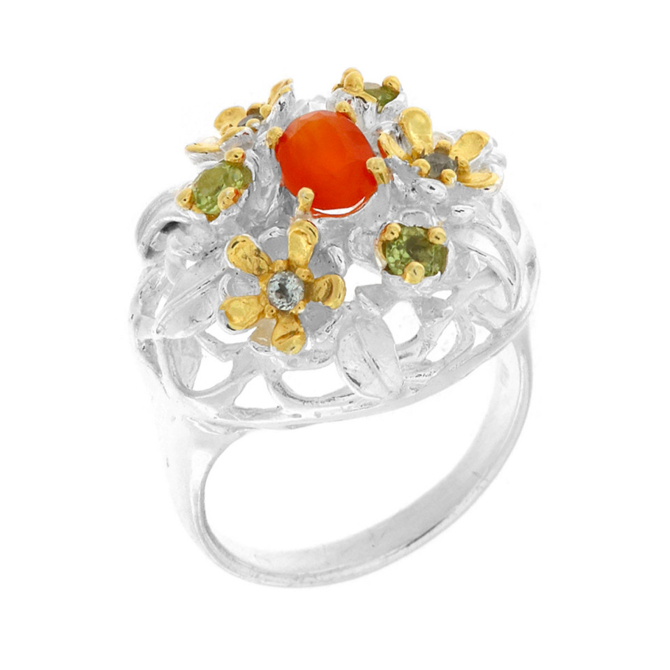Inel din argint cu cornalina, peridot si topaz
