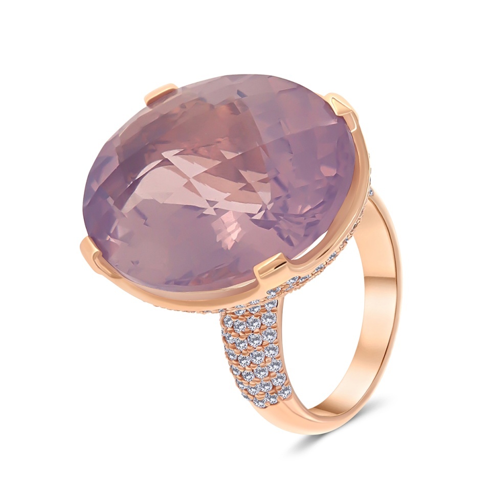 Inel din aur de 14k cu o piatră de cuarț lavandă naturală de 24.50 ct și diamante naturale de 1.75 ct