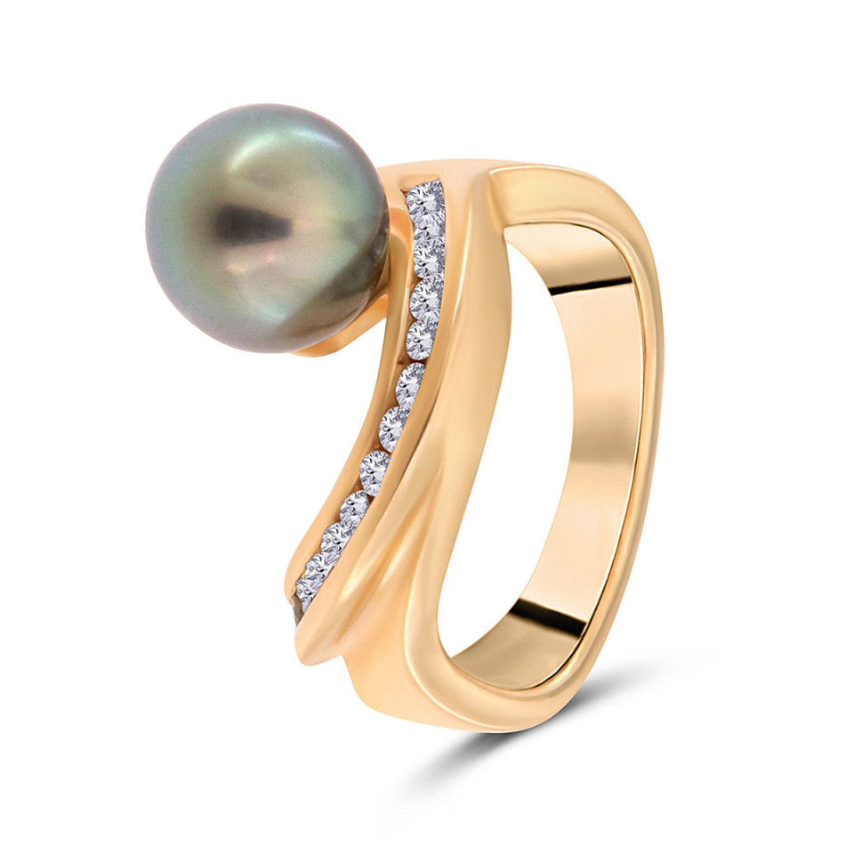 Inel din aur galben de 14k cu perla de cultura si diamante naturale de 0.22 ct