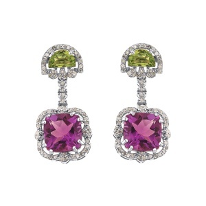 Cercei din argint cu peridot natural, ametist natural și diamante naturale
