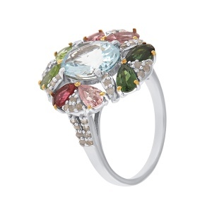 Inel din argint cu acvamarin natural, turmalină naturală și diamante naturale