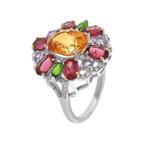 Inel din argint cu citrin natural, granate naturale, tanzanite naturale, diopside naturale și diamante naturale