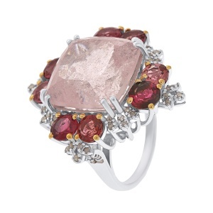 Inel din argint cu morganit natural, turmalină naturală și diamante naturale