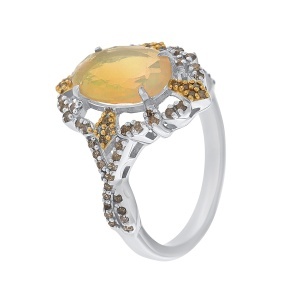 Inel din argint cu opal natural și diamante naturale