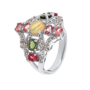 Inel din argint cu opal natural, turmaline naturale și diamante naturale