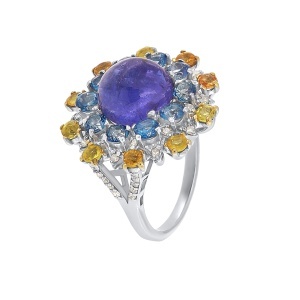 Inel din argint cu tanzanit natural, safir natural, topaz natural și diamante naturale