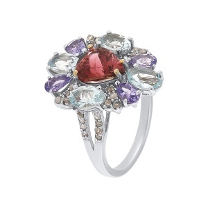 Inel din argint cu acvamarin natural, tanzanit natural, turmalină naturală și diamante naturale
