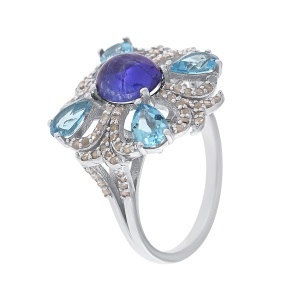 Inel din argint cu cianit natural, topaz natural și diamante naturale