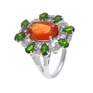 Inel din argint cu granat natural, diopsid chrome natural, tanzanit natural și diamante naturale