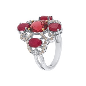 Inel din argint cu granat natural, topaz natural, rubin natural și diamante naturale