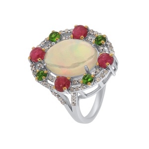 Inel din argint cu opal natural, turmaline naturale, diopside naturale și diamante naturale