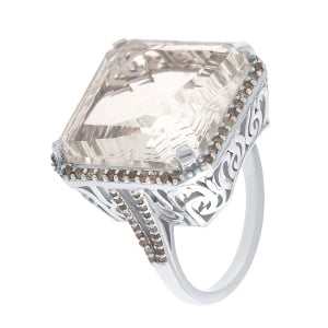 Inel din argint cu piatră de cuarț de stâncă naturală și diamante naturale