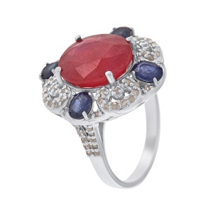 Inel din argint cu rubin natural, safir natural și diamante naturale