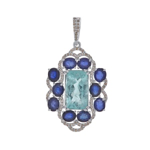 Pandantiv din argint cu acvamarin natural, safir natural și diamante naturale