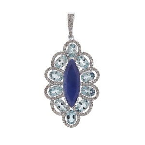 Pandantiv din argint cu safir natural, acvamarin natural și diamante naturale