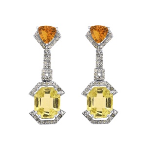 Cercei din argint cu citrin natural, cuarț natural și diamante naturale