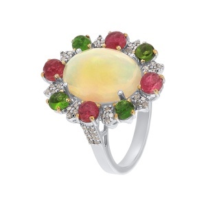 Inel din argint cu opal natural, turmaline naturale, diopside naturale și diamante naturale