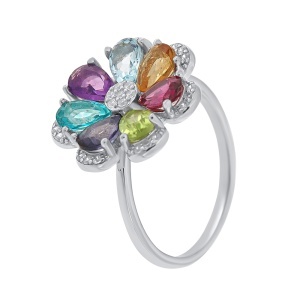 Inel din argint cu peridot, granat rodolit, citrin, topaz, iolit, ametist și cubic zirconia