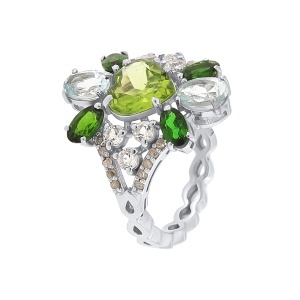 Inel din argint cu peridot natural, acvamarine naturale, diopside naturale și diamante naturale
