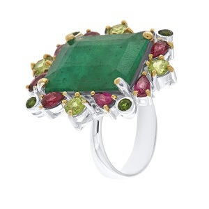 Inel din argint cu smarald, peridote, granate și diopside chrome