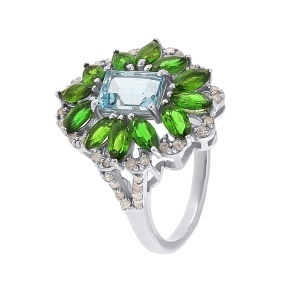 Inel din argint cu topaz natural, diopside chrome natural și diamante naturale