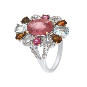 Inel din argint cu turmaline naturale, acvamarine naturale, granate naturale și diamante naturale