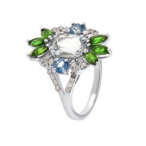 Inel din argint cu acvamarin natural, diopside chrome natural, topaz natural și diamante naturale