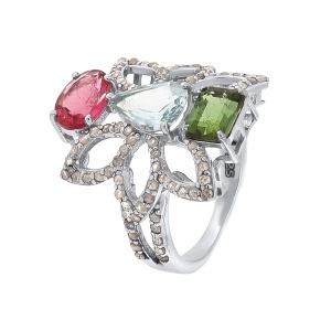 Inel din argint cu acvamarin natural, turmalină naturală și diamante naturale