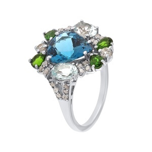 Inel din argint cu diopsid chrome natural, acvamarin natural, topaz natural și diamante naturale