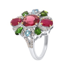 Inel din argint cu granat natural, rubin natural, diopsid chrome natural, topaz natural și diamante naturale