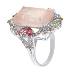 Inel din argint cu morganit natural, turmaline naturale și diamante naturale
