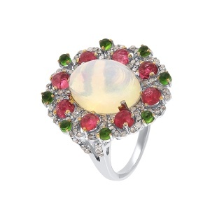 Inel din argint cu opal natural, turmaline naturale, diopsid chrome natural și diamante naturale
