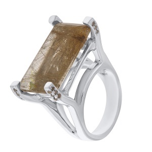 Inel din argint cu piatră de cuarț rutilat naturală și diamante naturale