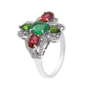 Inel din argint cu smarald natural, granat natural, diopsid chrome natural și diamante naturale