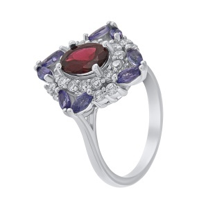 Inel din argint cu tanzanite, granat și cubic zirconia