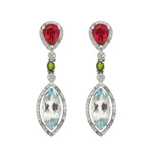 Cercei din argint cu topaz natural, granat natural, diopsid chrome natural și diamante naturale