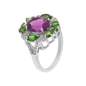 Inel din argint cu ametist natural, diopside naturale și diamante naturale