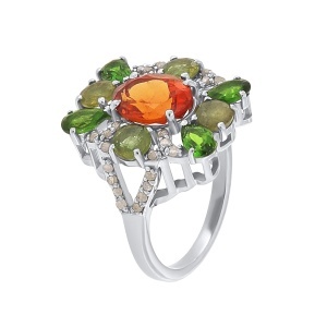 Inel din argint cu granat hesonit natural, safire naturale, diopside naturale și diamante naturale