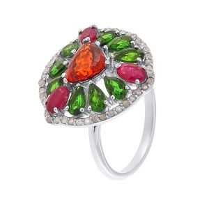 Inel din argint cu granat natural, rubin natural, diopsid chrome natural și diamante naturale