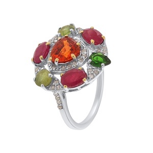 Inel din argint cu granat natural, rubine naturale, safire naturale, diopsid natural și diamante naturale