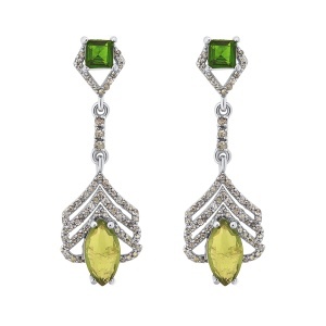 Cercei din argint cu peridot natural, diopsid chrome natural și diamante naturale