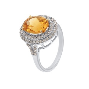 Inel din argint cu citrin natural și diamante naturale
